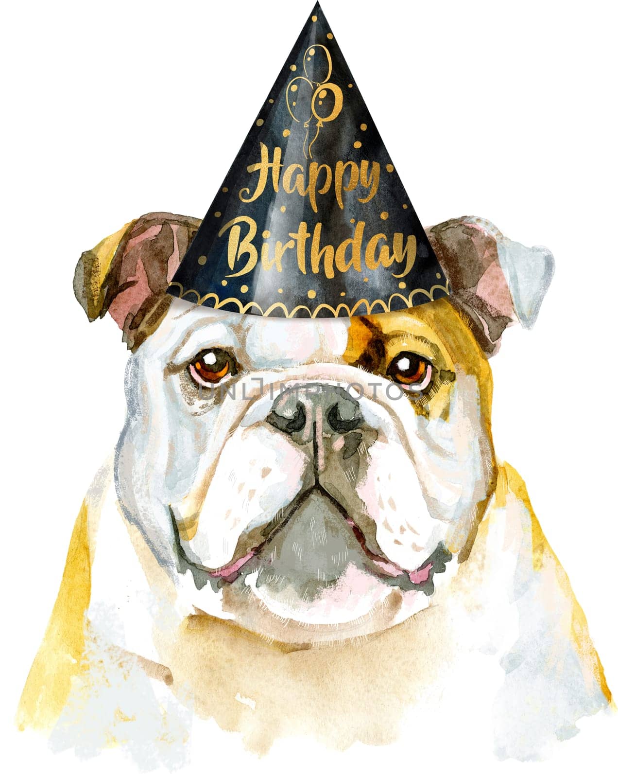 Watercolor portrait of bulldog in party hat by NataOmsk