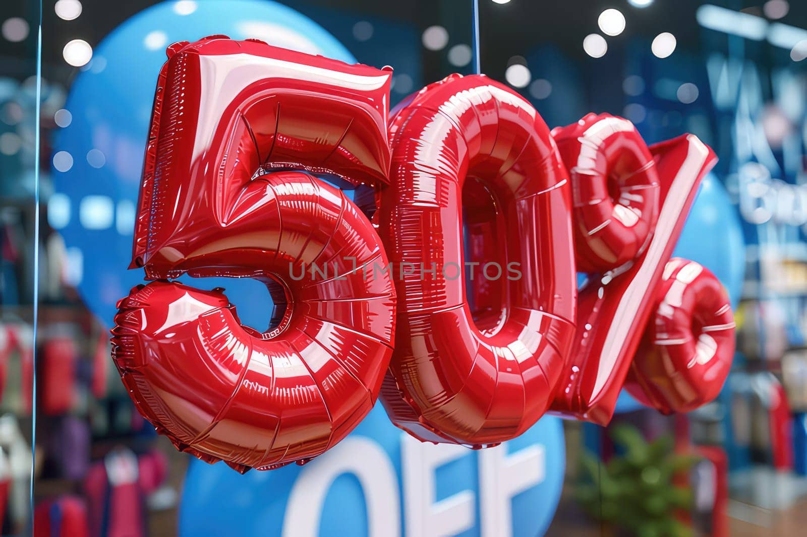 Retail Sale Promotion with Red Balloons Reading 50 Percent Off in a Shopping Mall Setting by Dvorak