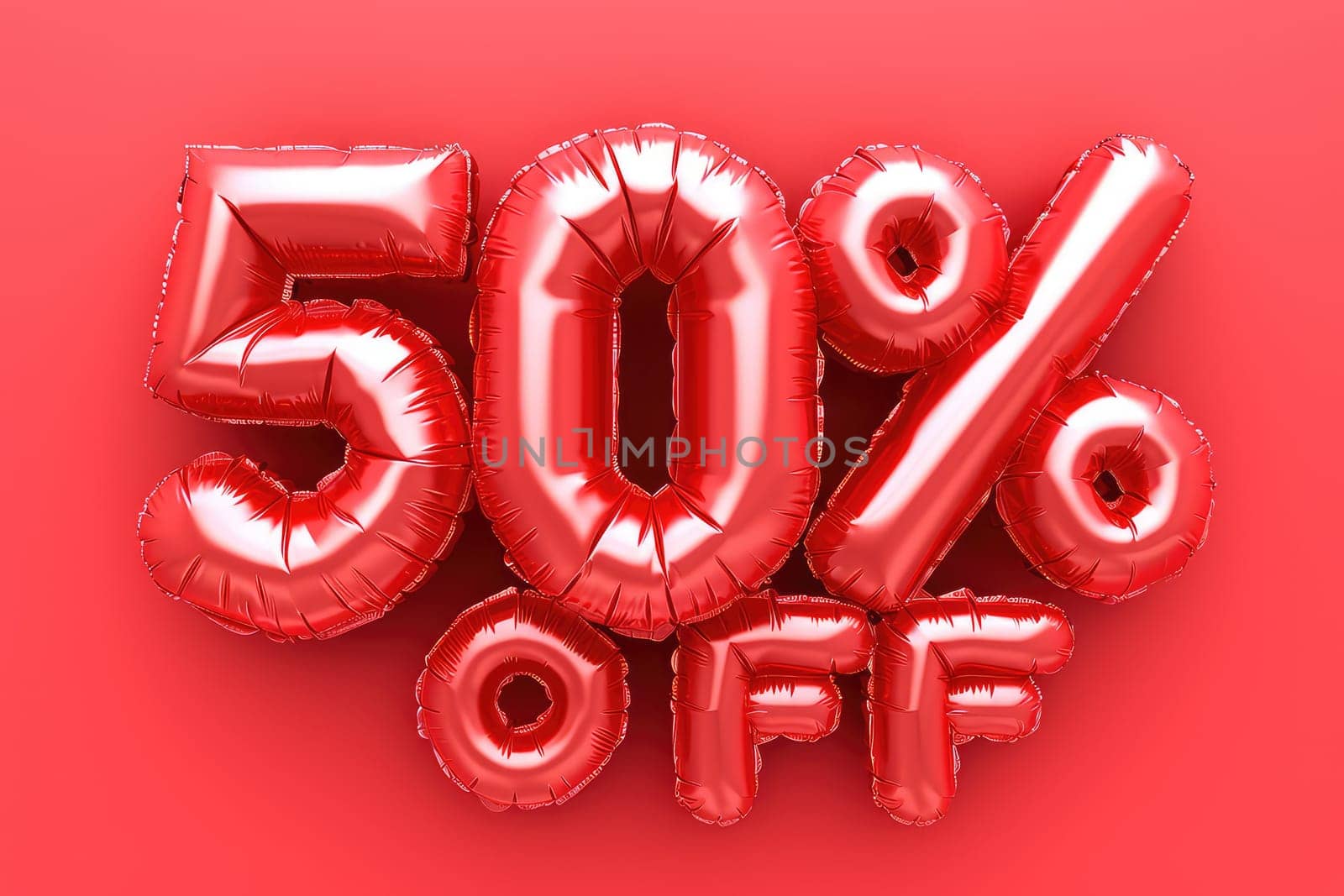 Retail Sale Promotion with Red Balloons Reading 50 Percent Off in a Shopping Mall Setting by Dvorak