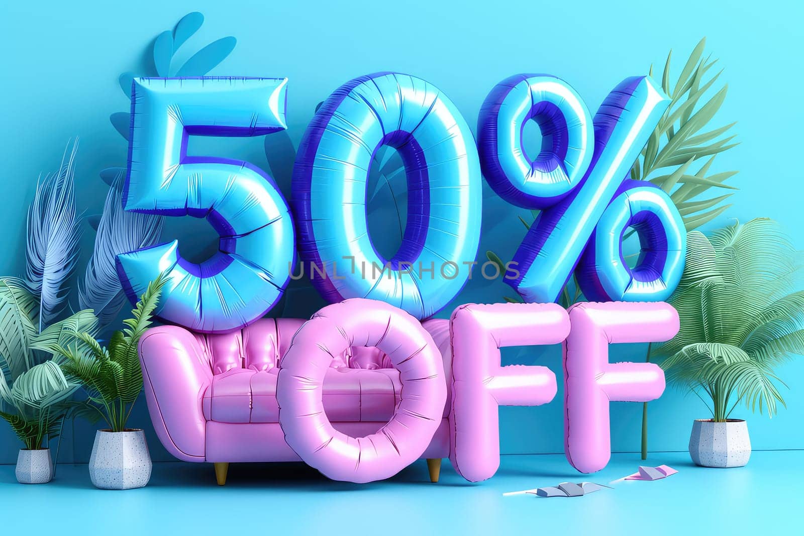 Tropical Sale Theme with Blue Balloon Letters Spelling Fifty Percent Off.
