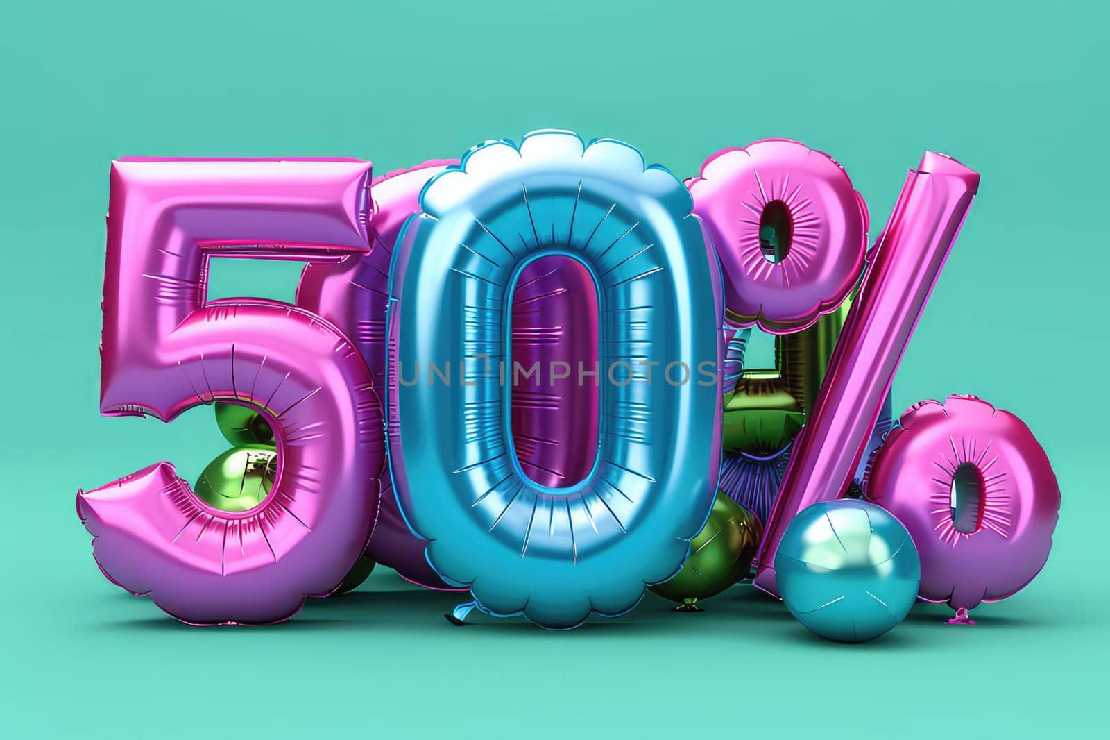 Tropical Sale Theme with Blue Balloon Letters Spelling Fifty Percent Off.