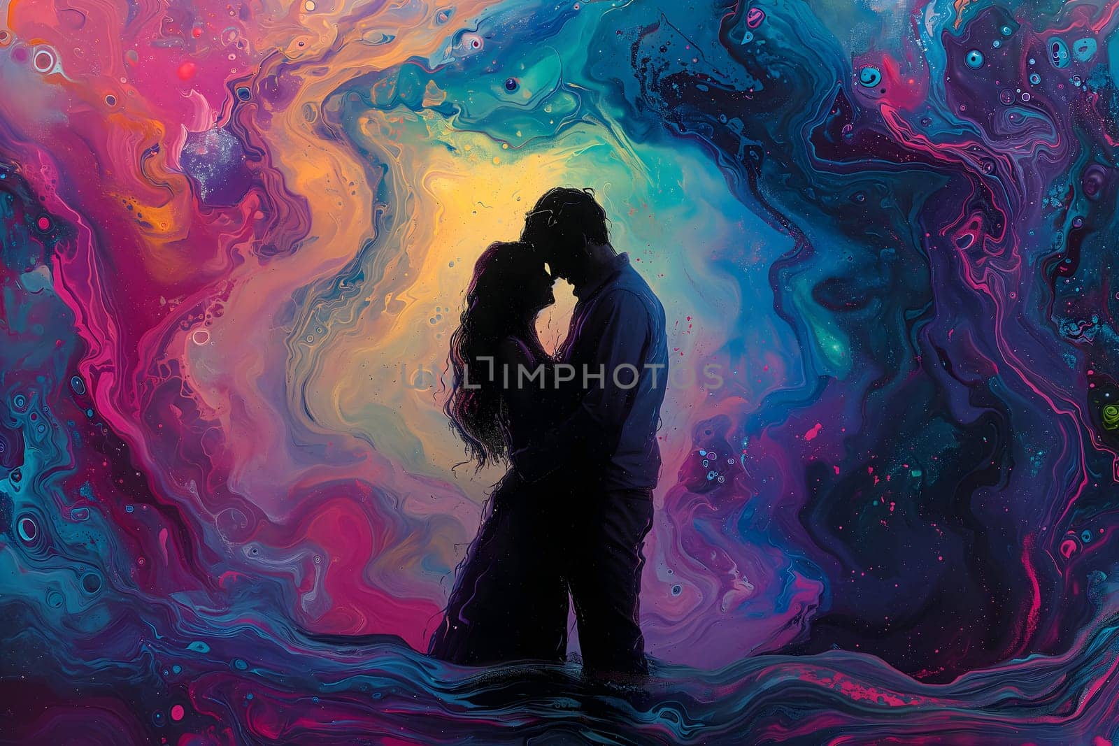 Man and woman embracing in surreal, colorful liquid fantasy dreamscape. Neural network generated image. Not based on any actual person or scene.