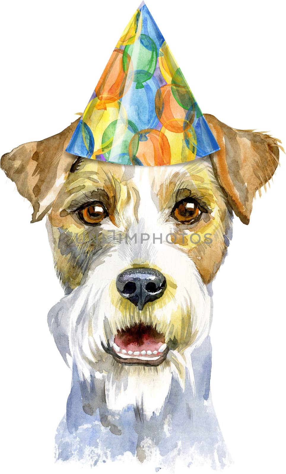 Watercolor portrait of airedale terrier dog in party hat by NataOmsk