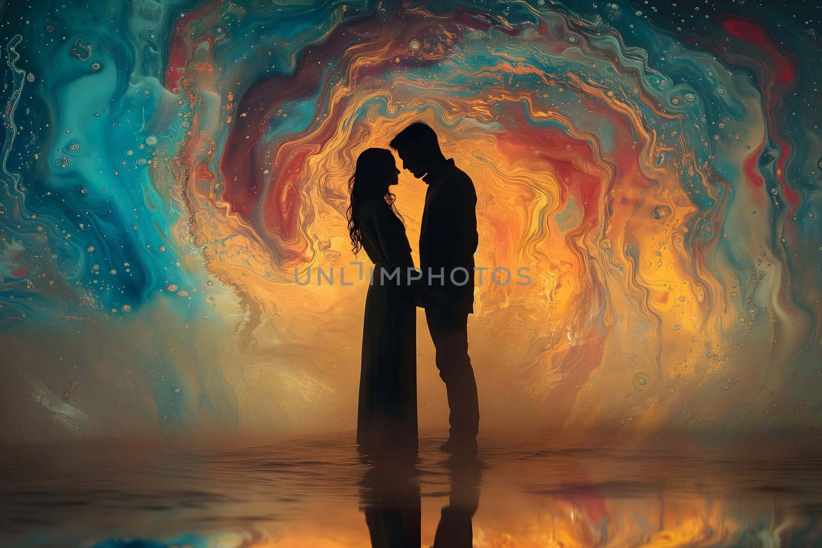 Man and woman embracing in surreal, colorful liquid fantasy dreamscape. Neural network generated image. Not based on any actual person or scene.