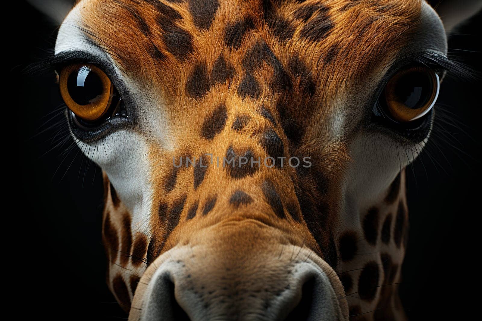 Close-up photo of a giraffe on a dark background.
