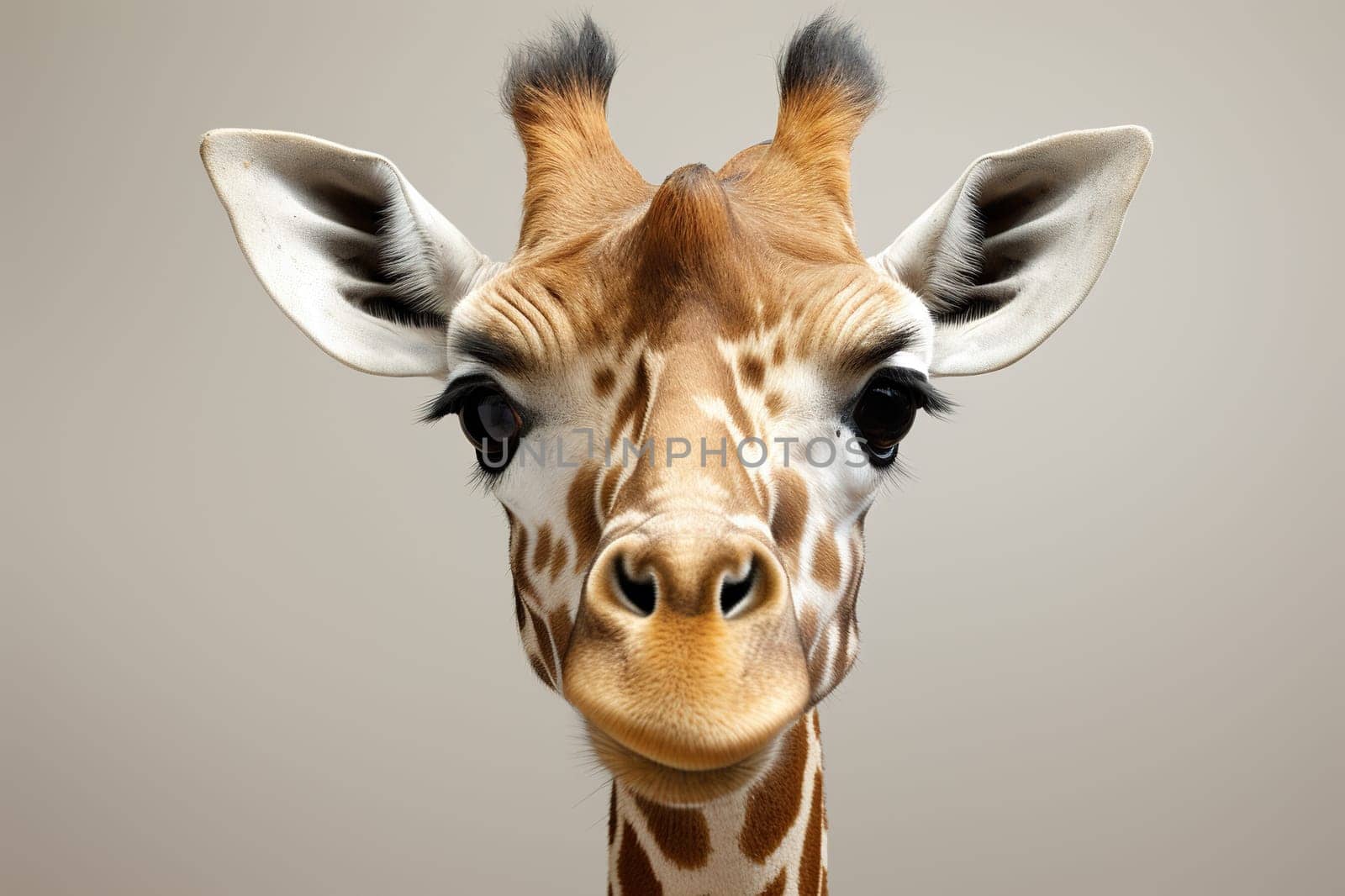 Portrait of an adult giraffe on a white background.