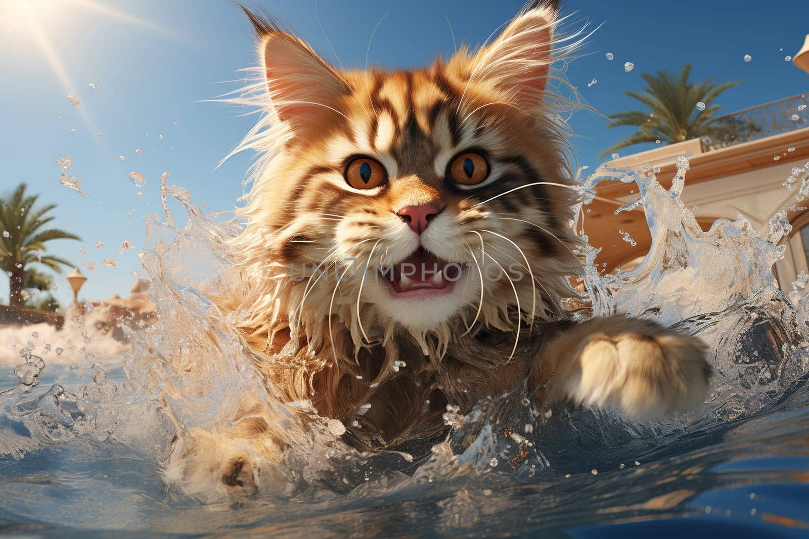 A cat in the pool at the resort. Cats are floundering in the water.