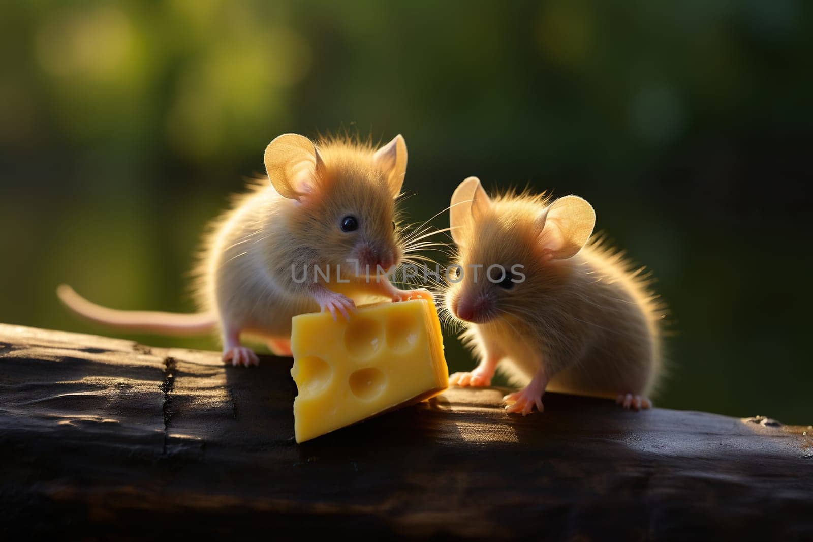 Two red mice are eating a piece of cheese.