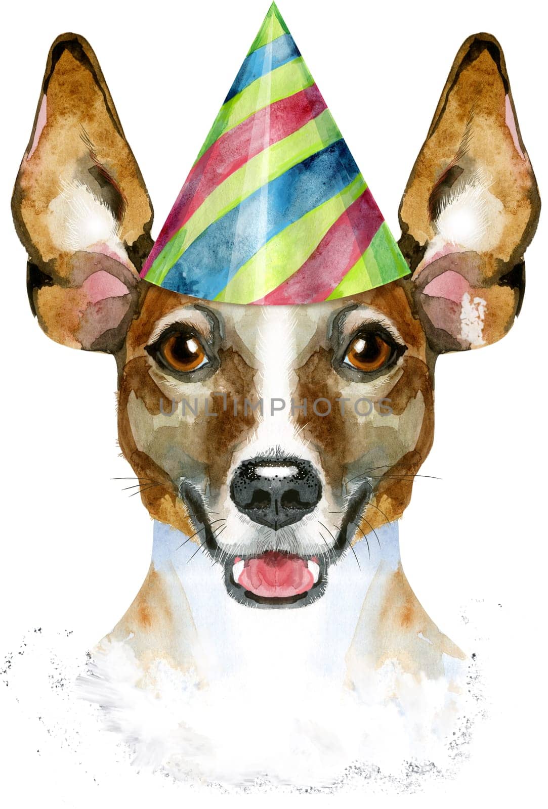 Cute Dog in party hat. Dog T-shirt graphics. watercolor jack russell terrier illustration