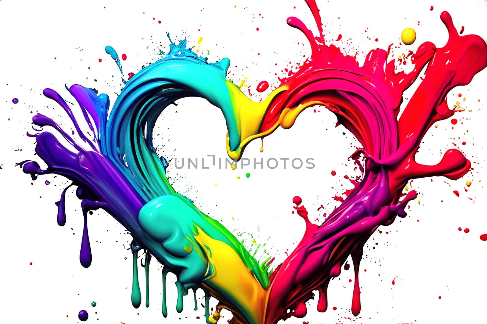 ai generated splash in heart shape from paint in rainbow colors on white background