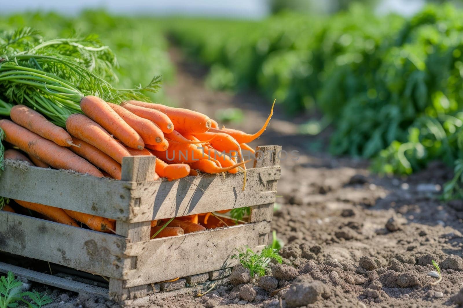 A crate of fresh carrots in a harvest area.
