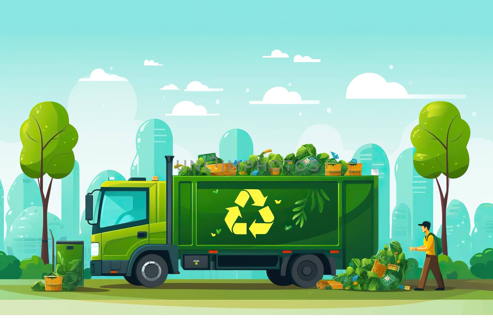 Flat illustration with eco-friendly garbage truck full of garbage.