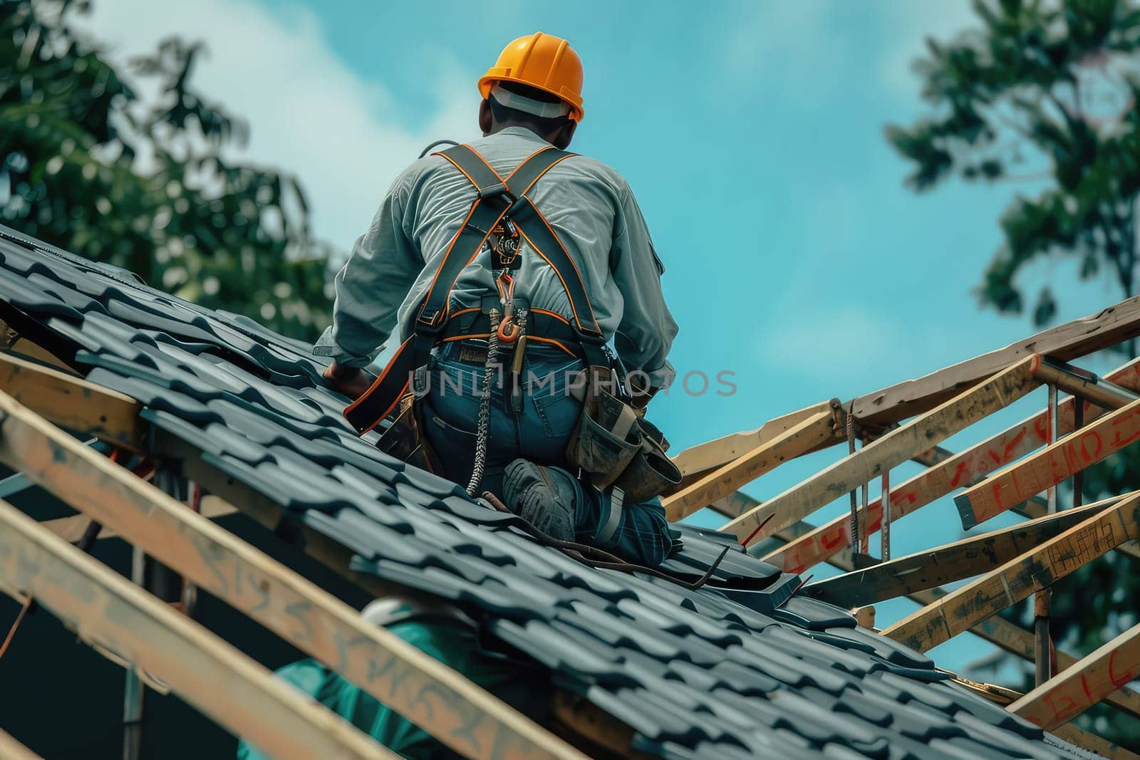 Construction Worker in Safety Gear Installing Roof Tiles with Precision and Care
