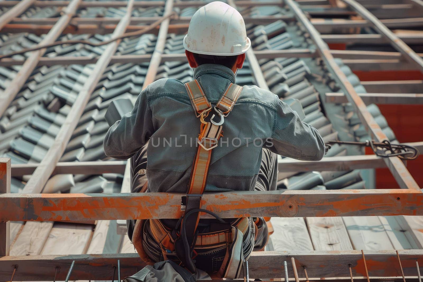 Construction Worker in Safety Gear Installing Roof Tiles with Precision and Care. by Dvorak