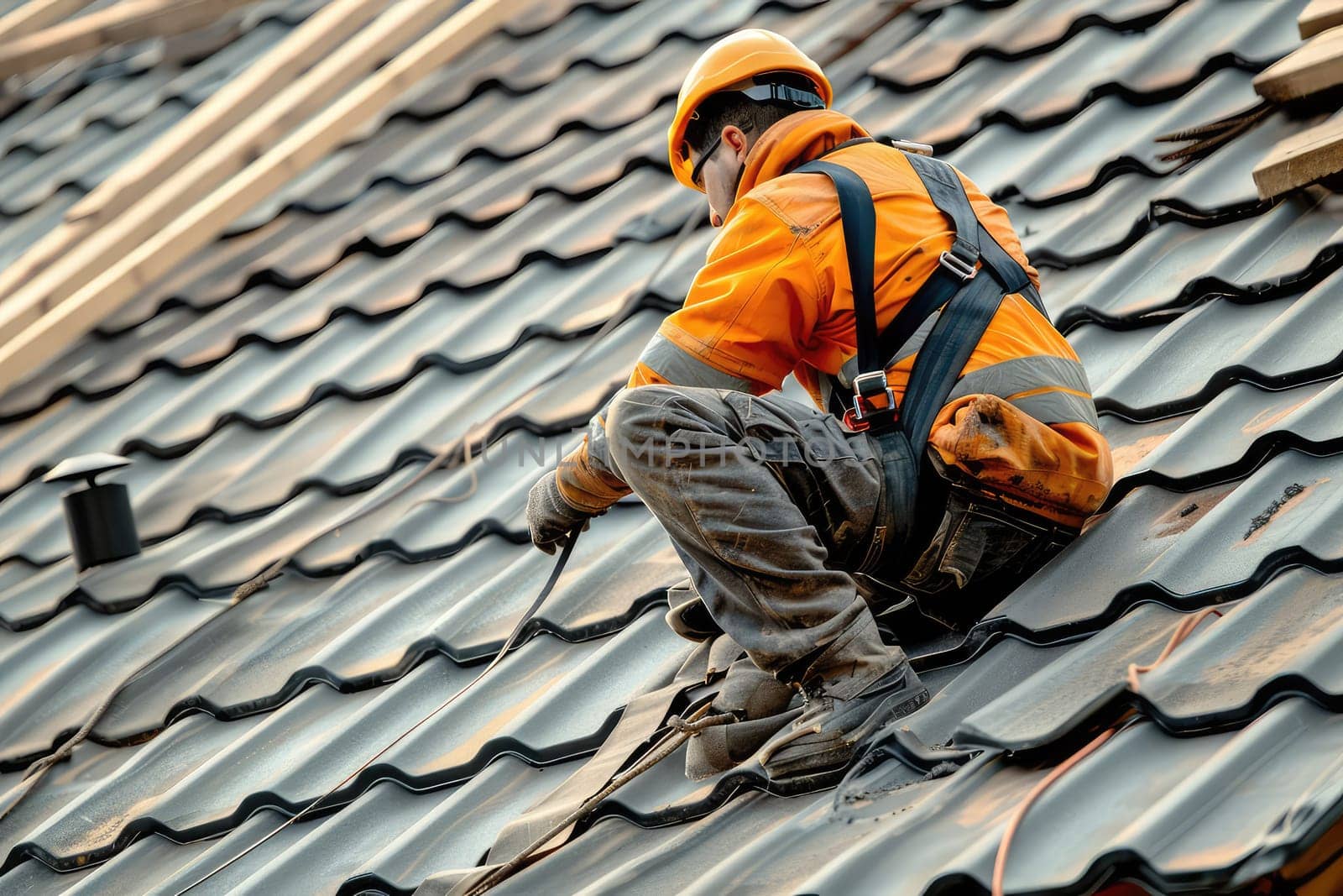 Construction Worker in Safety Gear Installing Roof Tiles with Precision and Care