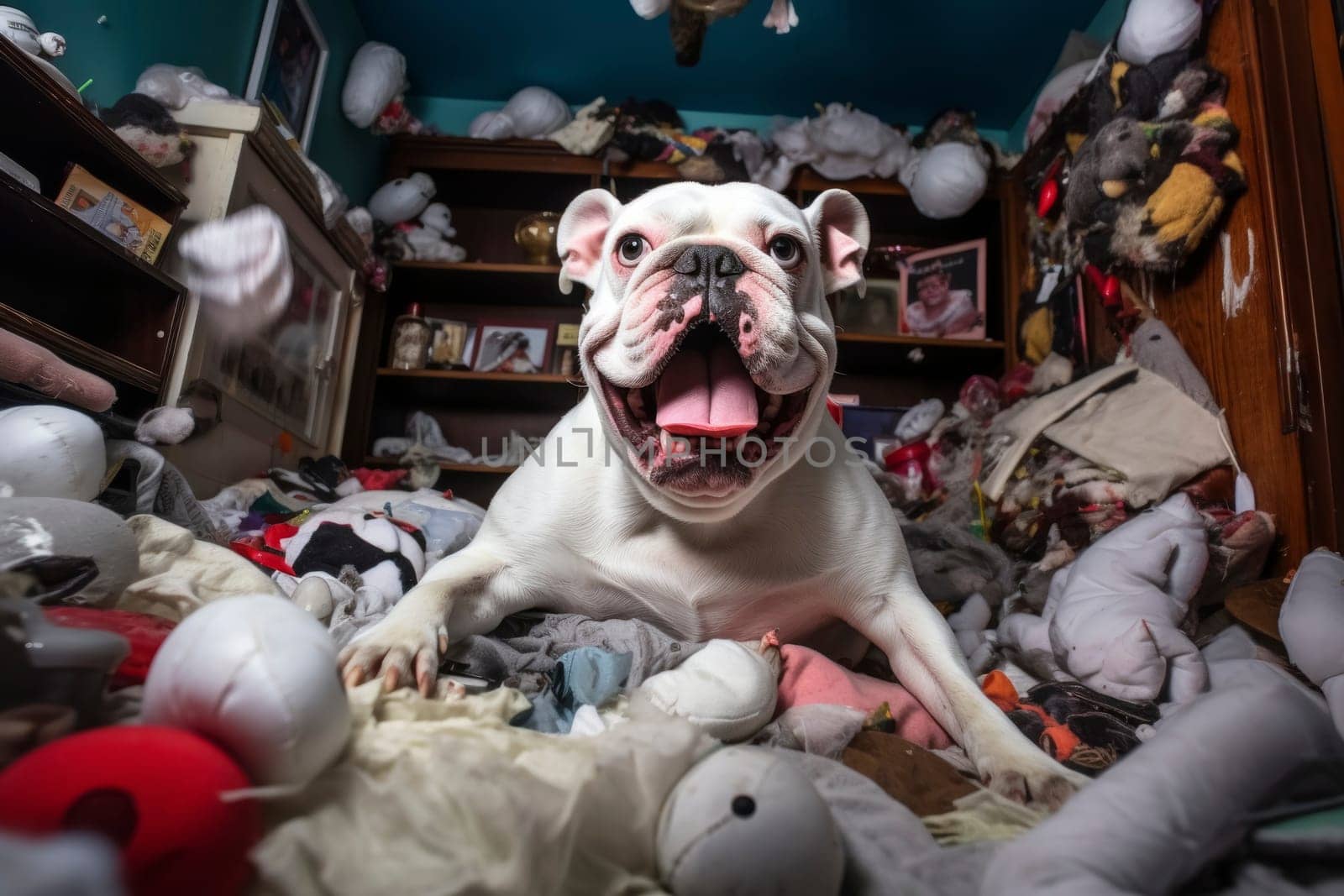Wide-angle shot of a playful bulldog amidst a chaos of toys in a room