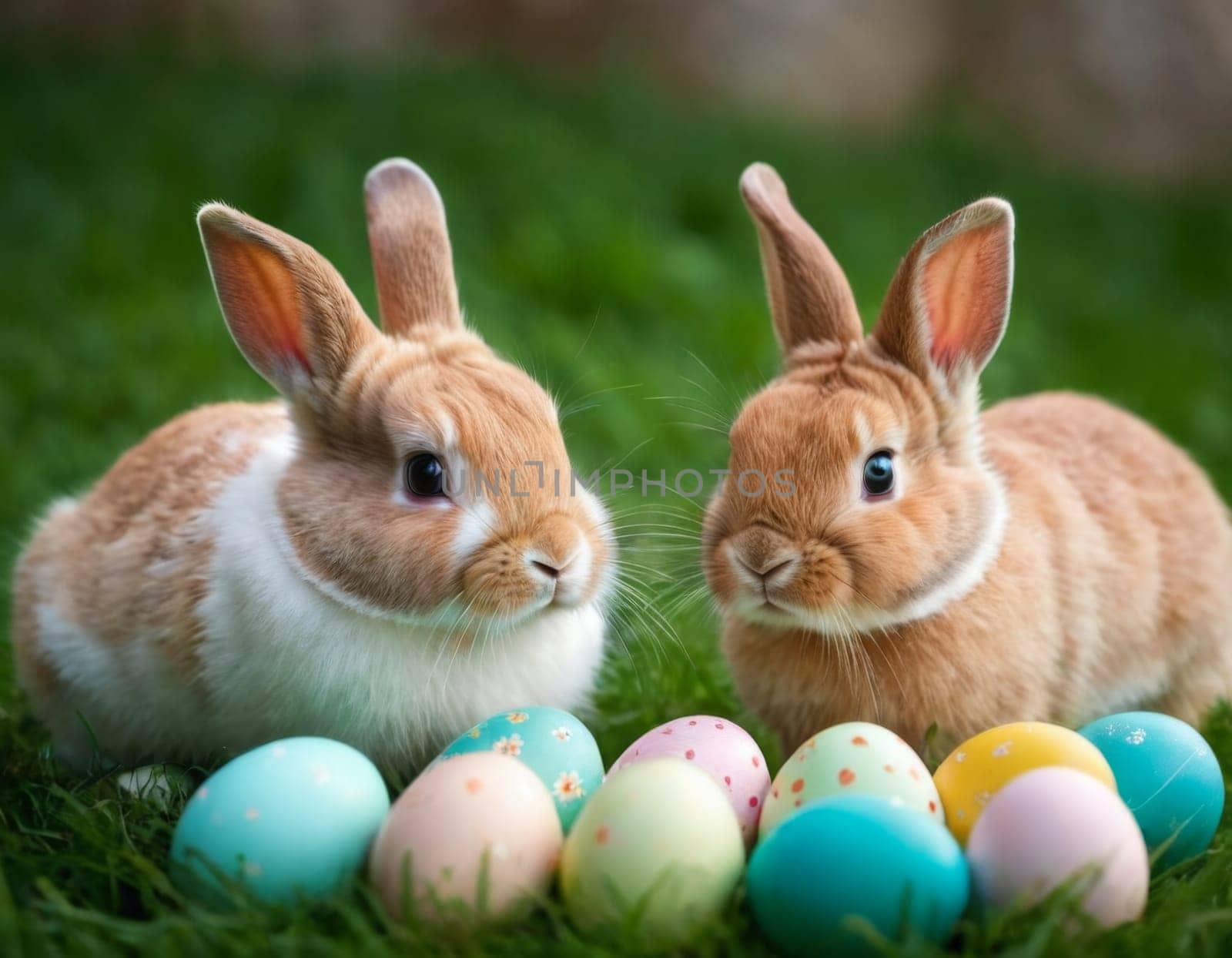 Cute little rabbits in colored chicken eggs. AI generation