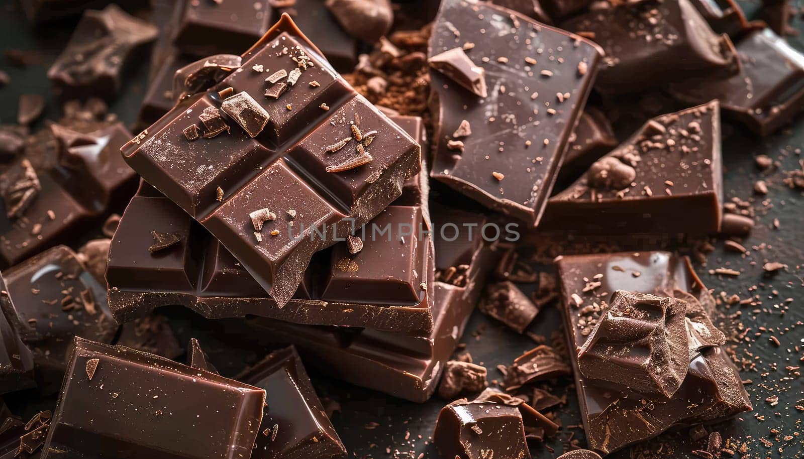 Artisanal Chocolate Heaven: Stacked Dark Chocolate Bars with Cocoa Powder Dusting and Chocolate Shavings.