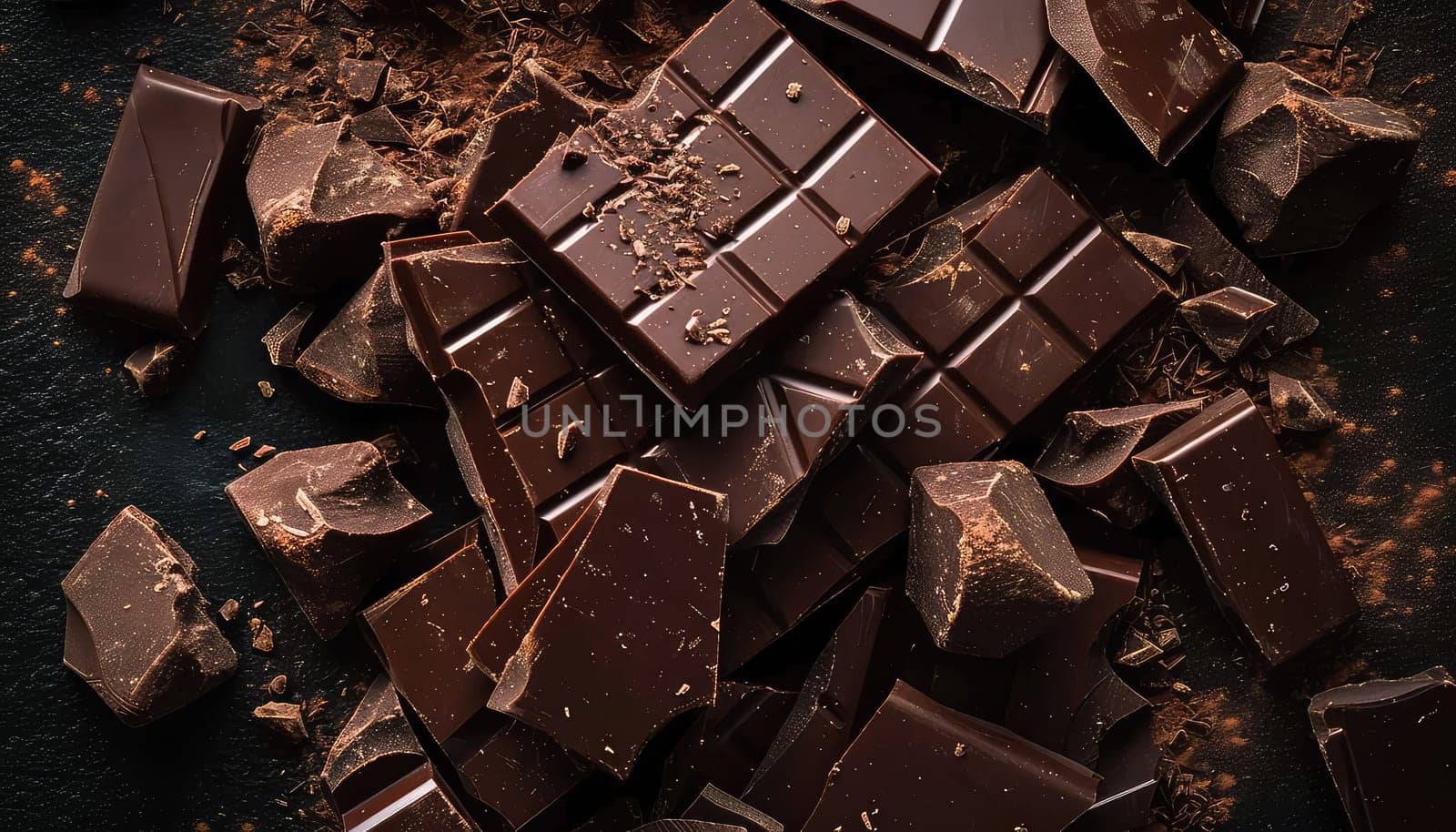 Artisanal Chocolate Heaven: Stacked Dark Chocolate Bars with Cocoa Powder Dusting and Chocolate Shavings.