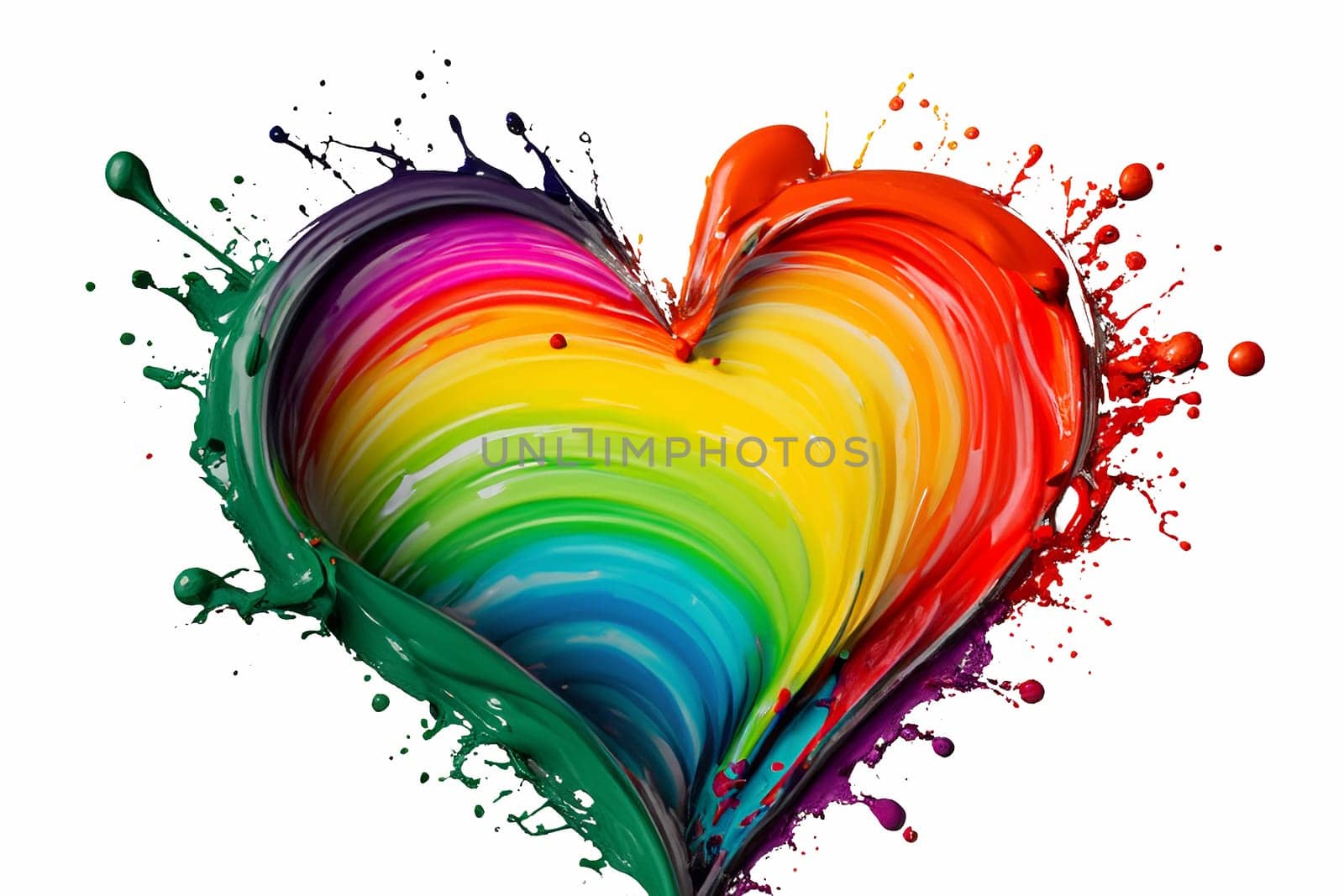 ai generated splash in heart shape from paint in rainbow colors on white background