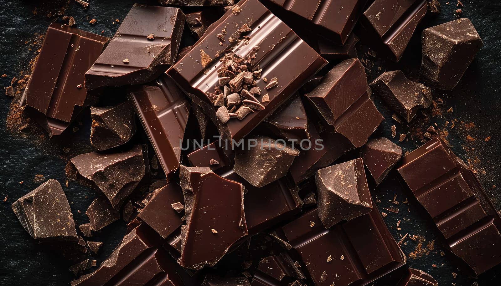 Artisanal Chocolate Heaven: Stacked Dark Chocolate Bars with Cocoa Powder Dusting and Chocolate Shavings.