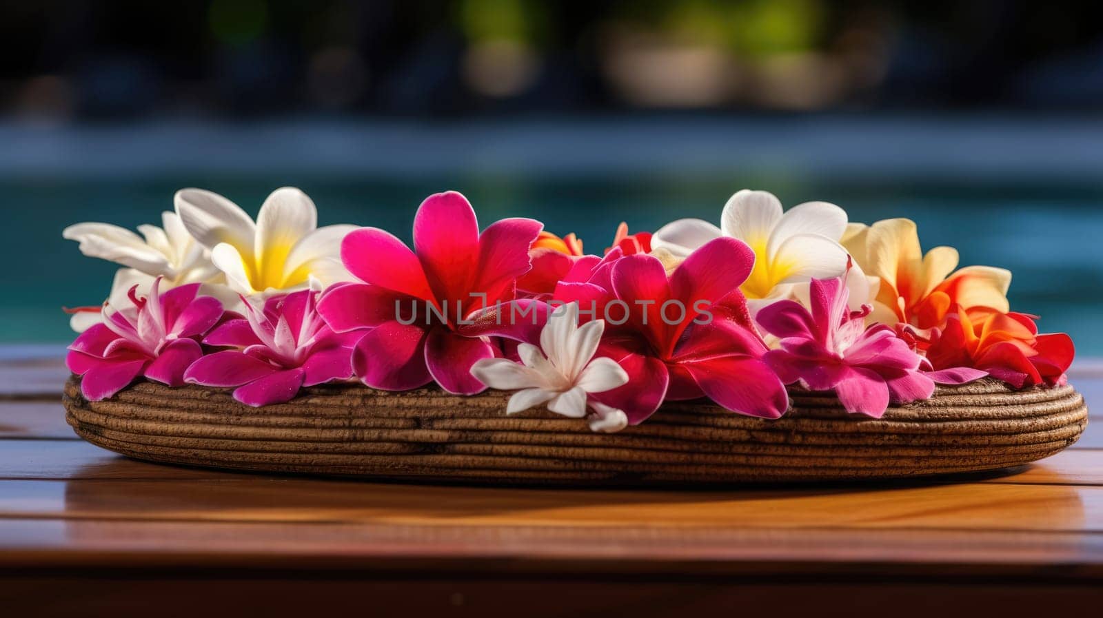 Frangipani flowers. Exotic flowers, against the backdrop of the pool and spa AI