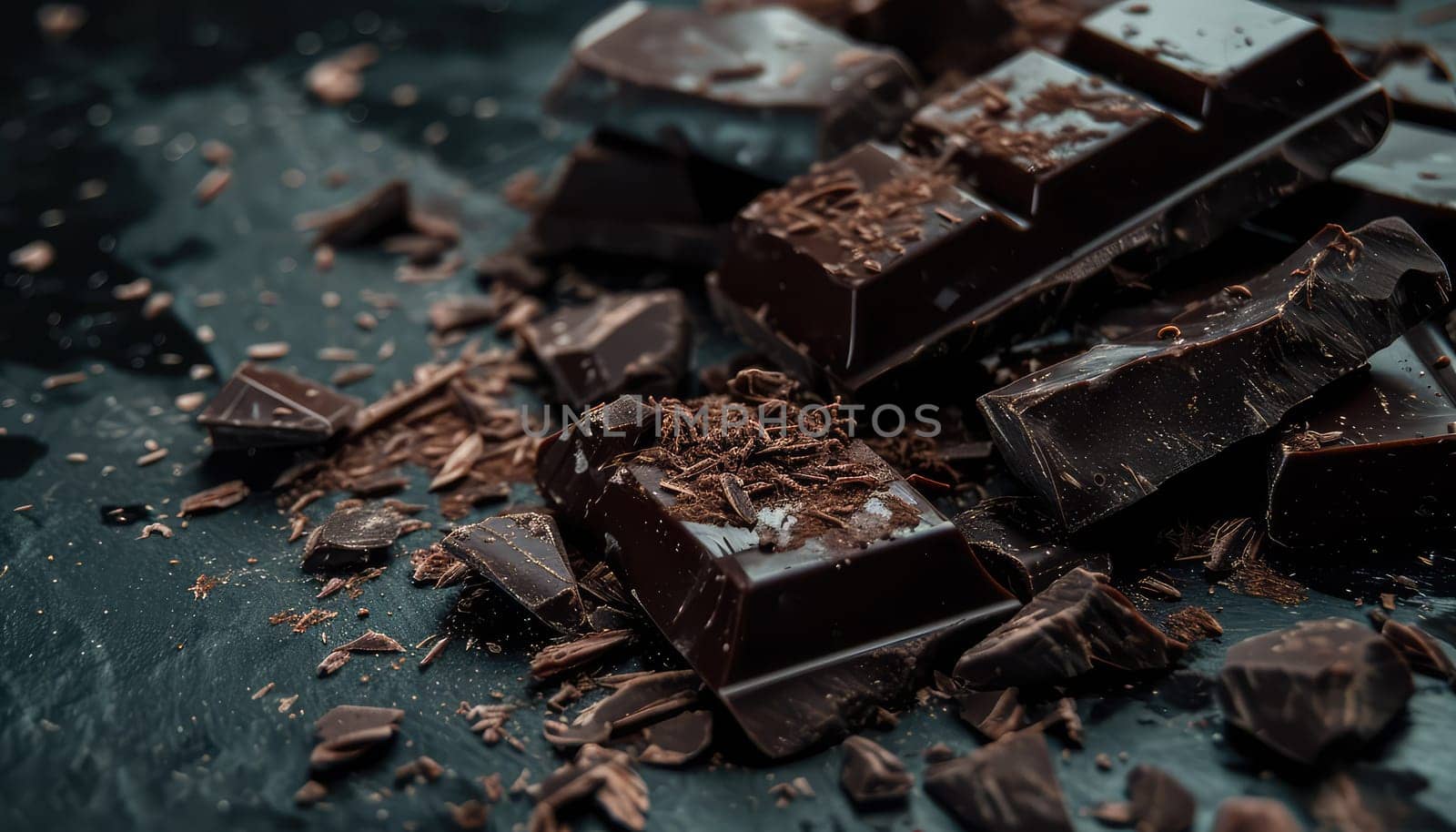 Decadent Dark Chocolate Delight: Broken Pieces and Shavings on a Textured Surface.