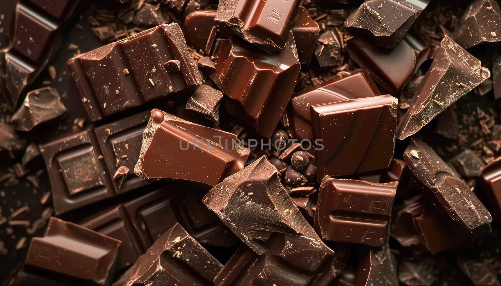 Artisanal Chocolate Heaven: Stacked Dark Chocolate Bars with Cocoa Powder Dusting and Chocolate Shavings.
