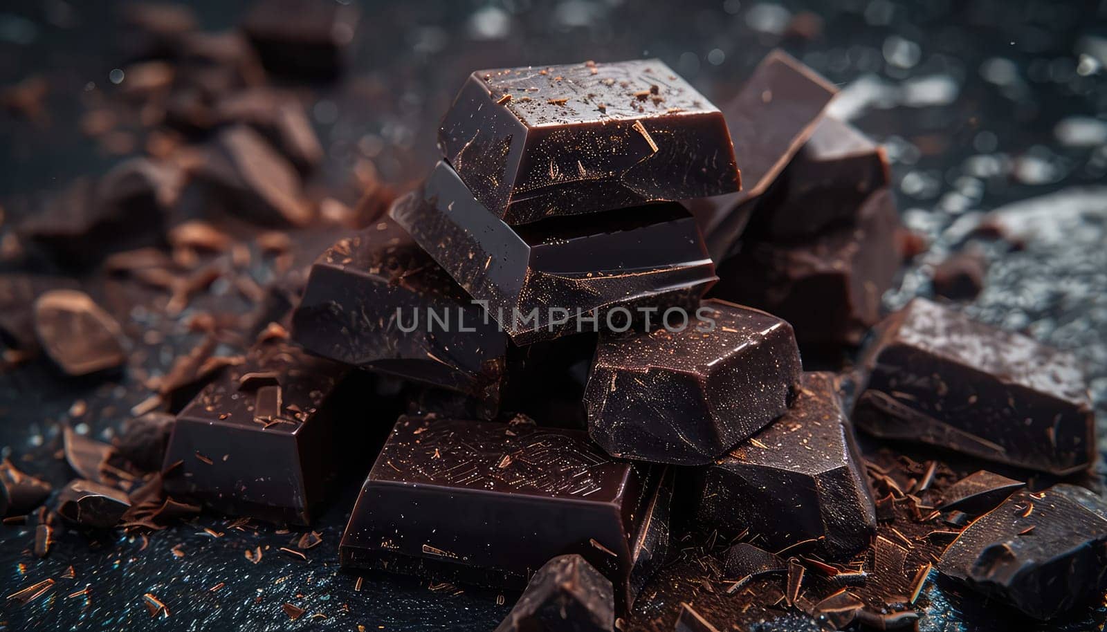 Decadent Dark Chocolate Delight: Broken Pieces and Shavings on a Textured Surface.