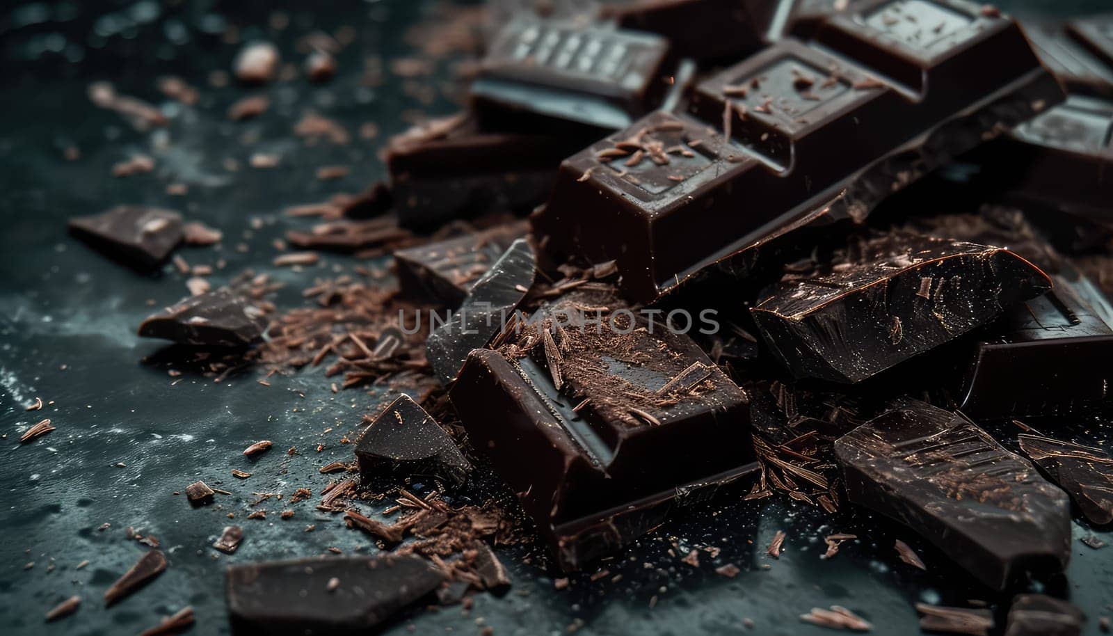 Decadent Dark Chocolate Delight: Broken Pieces and Shavings on a Textured Surface.