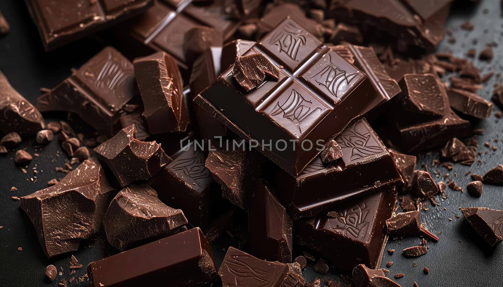 Artisanal Chocolate Heaven: Stacked Dark Chocolate Bars with Cocoa Powder Dusting and Chocolate Shavings.