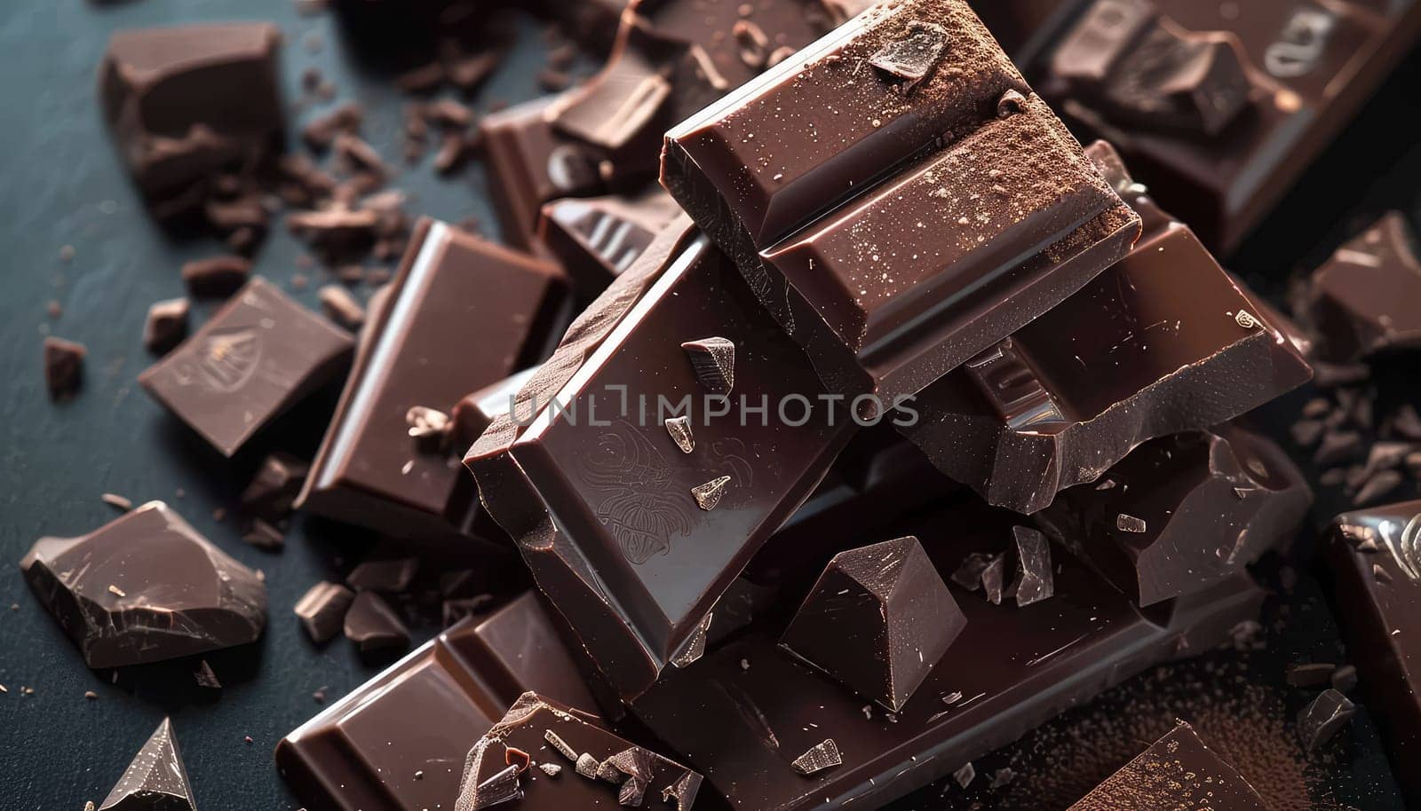 Artisanal Chocolate Heaven: Stacked Dark Chocolate Bars with Cocoa Powder Dusting and Chocolate Shavings.