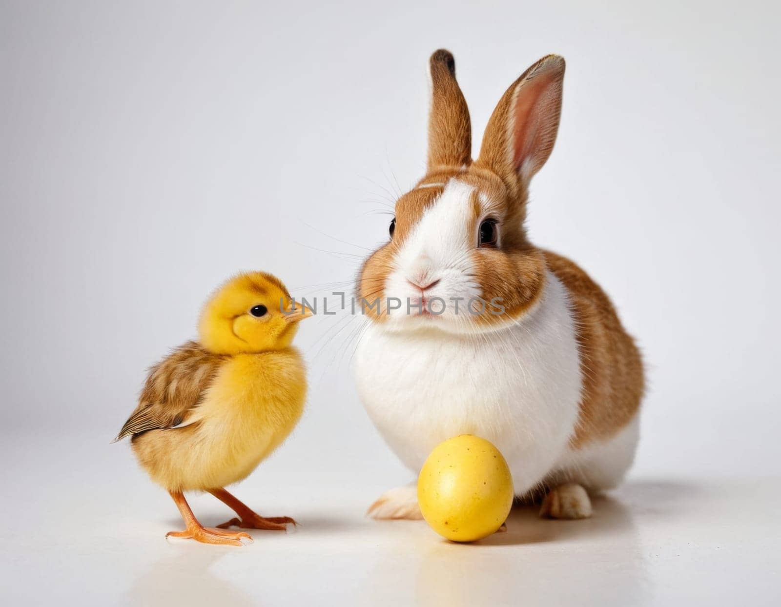 Easter image of a bunny, chick and egg. AI generation