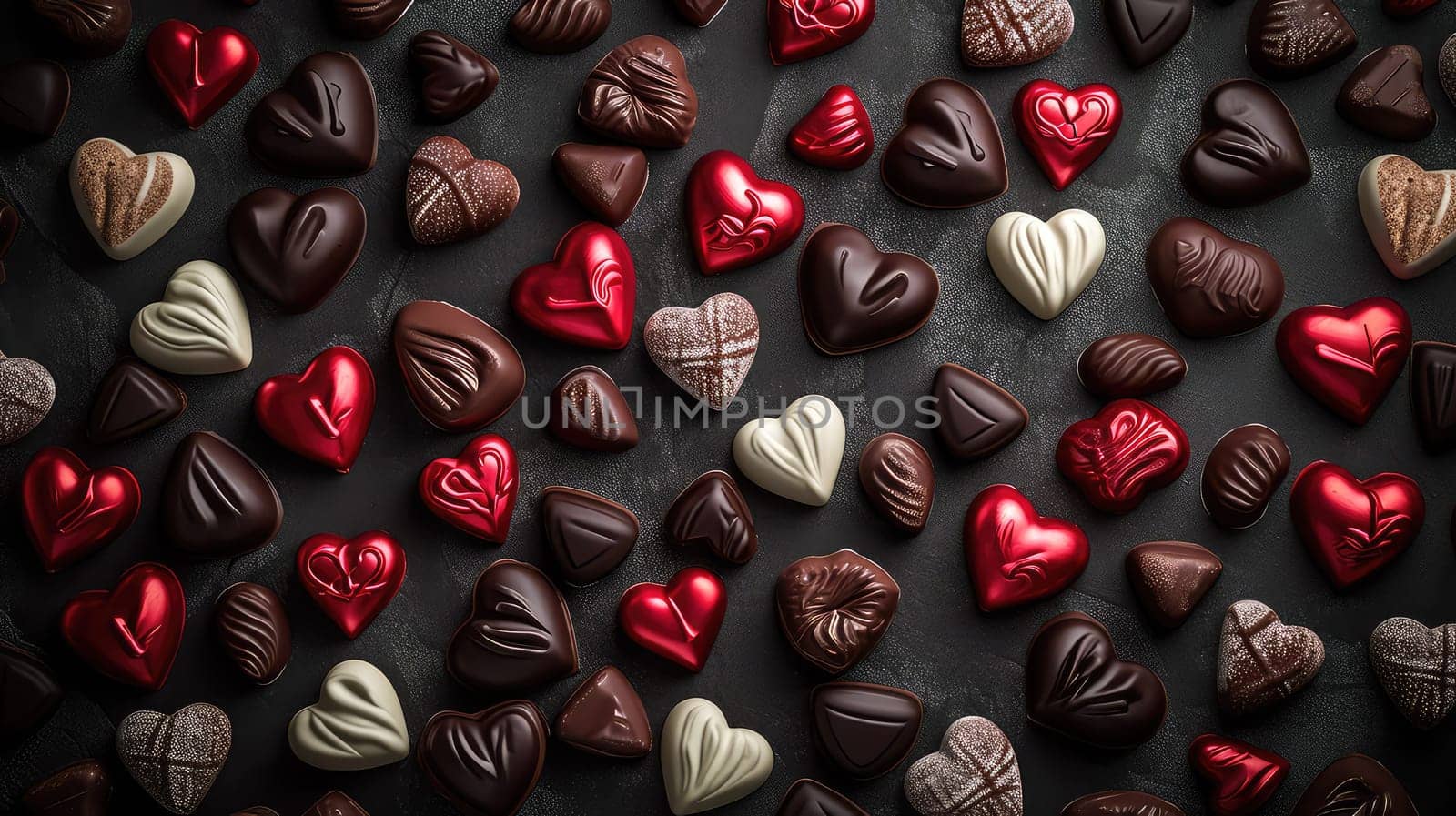 Valentine's Delight: Assorted Heart-Shaped Chocolates on Dark Slate, Embellished with Red Sprinkles.