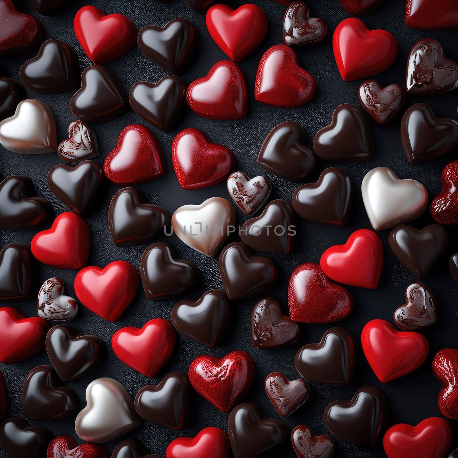 Valentine's Delight: Assorted Heart-Shaped Chocolates on Dark Slate, Embellished with Red Sprinkles.