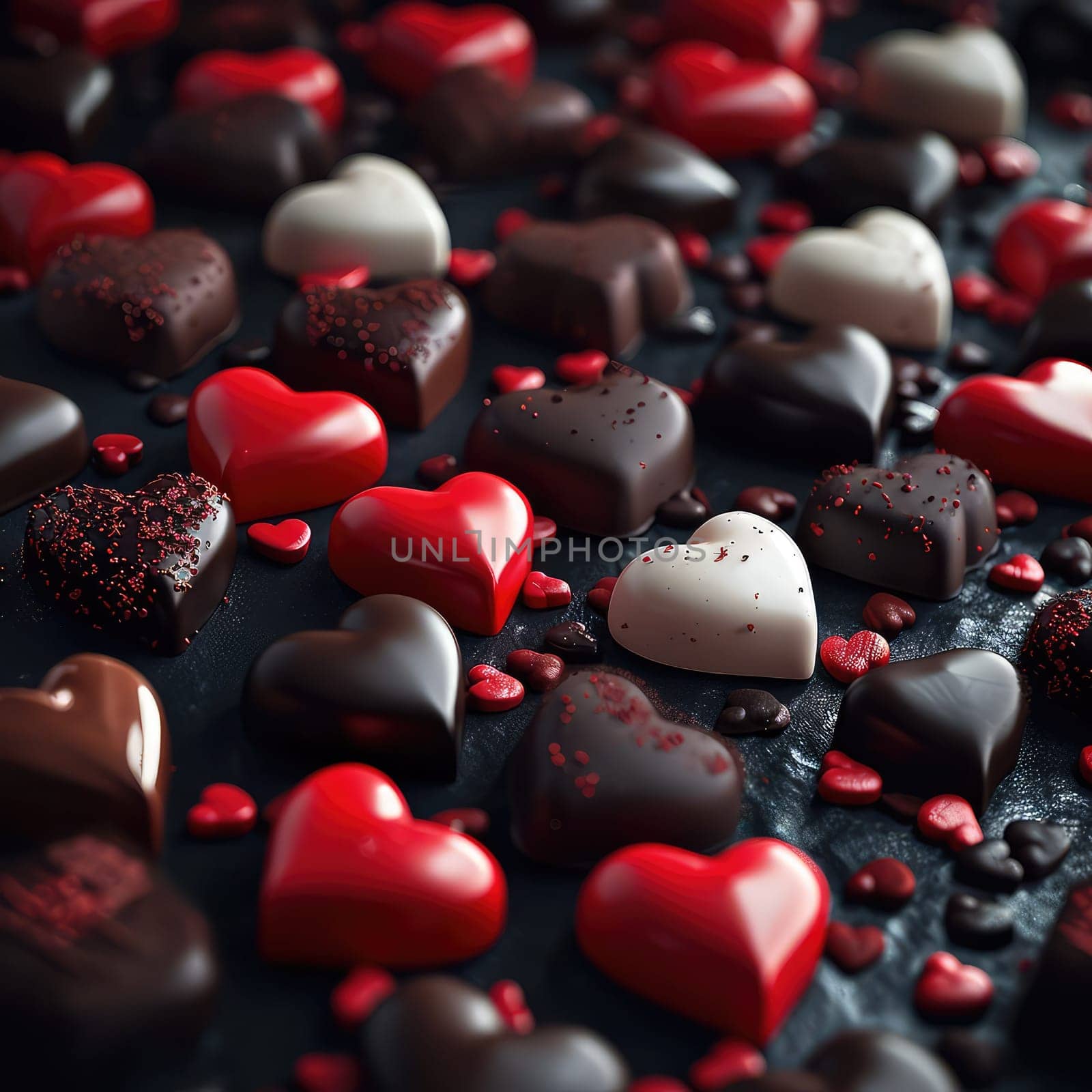 Valentine's Delight: Assorted Heart-Shaped Chocolates on Dark Slate, Embellished with Red Sprinkles.