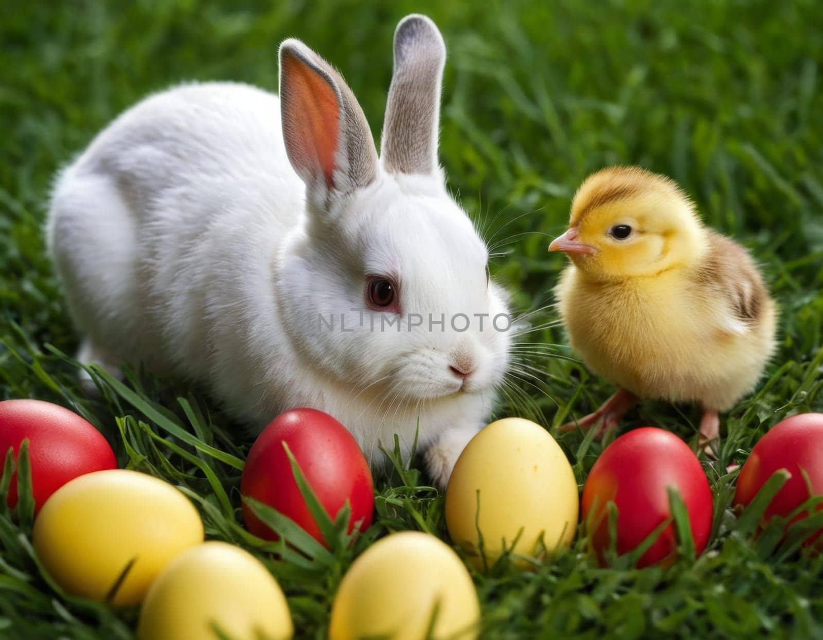 Easter little bunny and yellow chick on a green meadow. AI generation