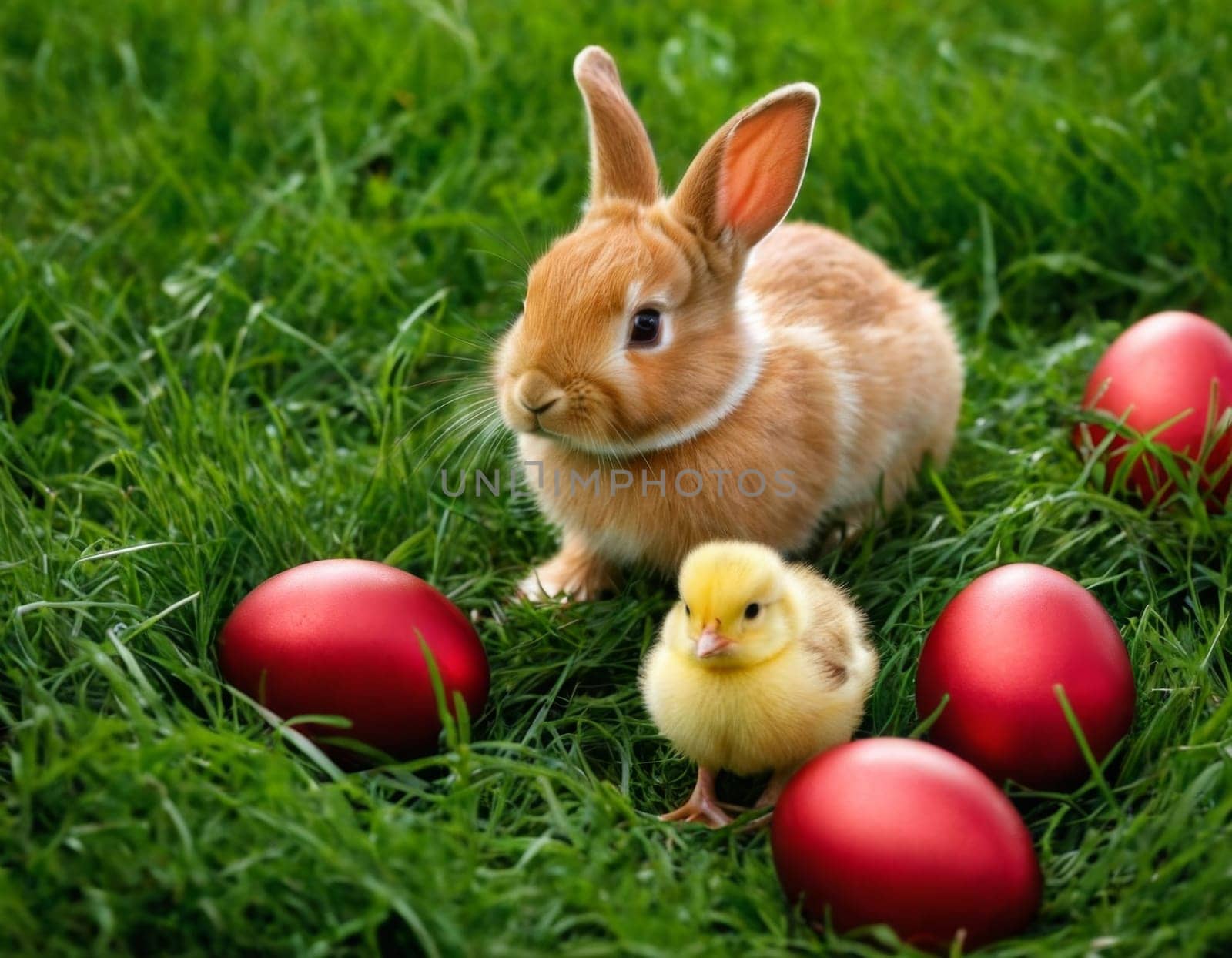 Easter little bunny and yellow chick on a green meadow. AI generation