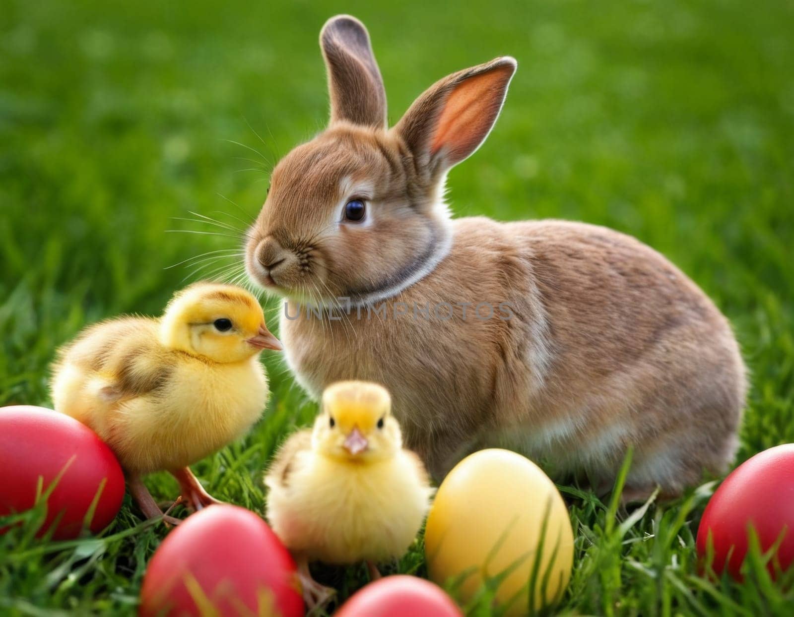 Easter little bunny and yellow chick on a green meadow. AI generation