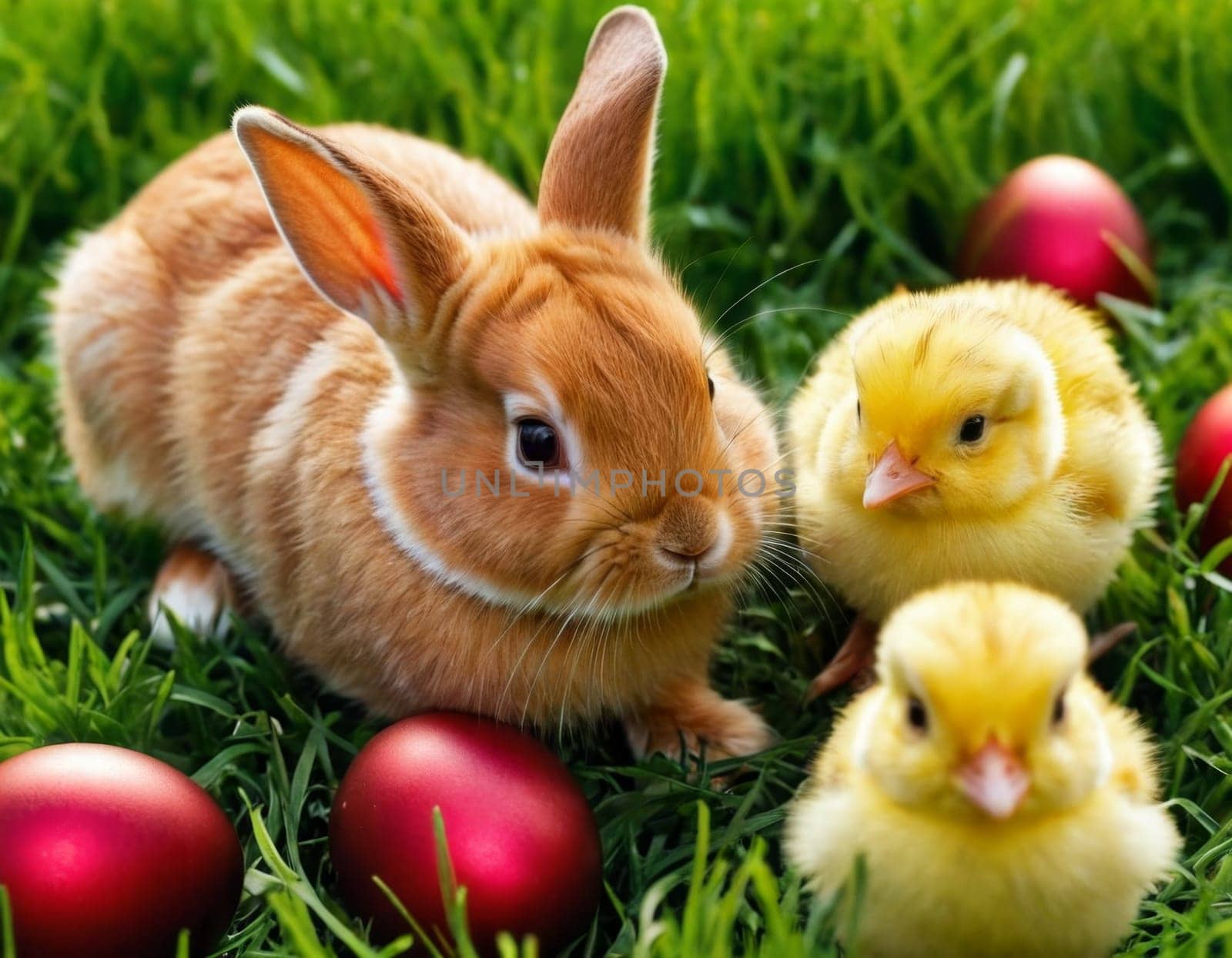 Easter little bunny and yellow chick on a green meadow. AI generation