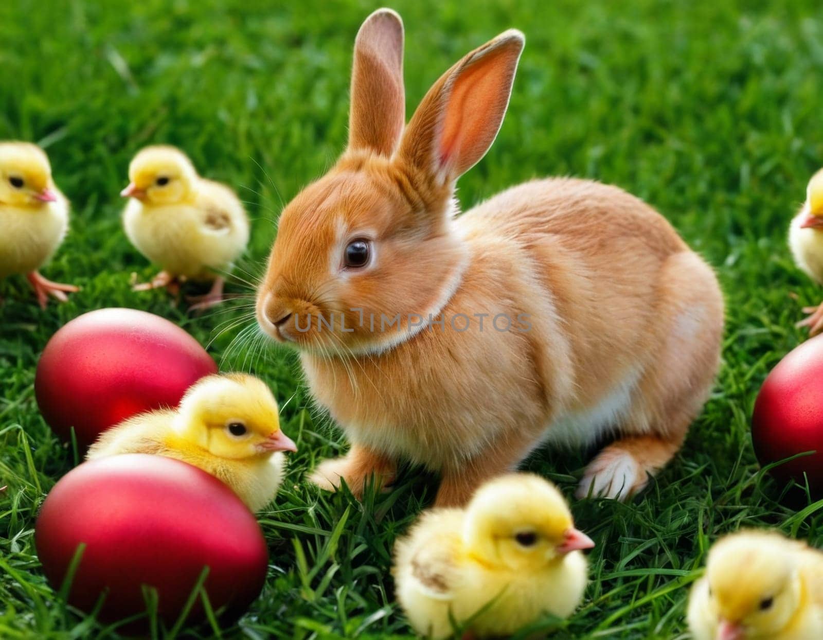 Easter little bunny and yellow chick on a green meadow. AI generation