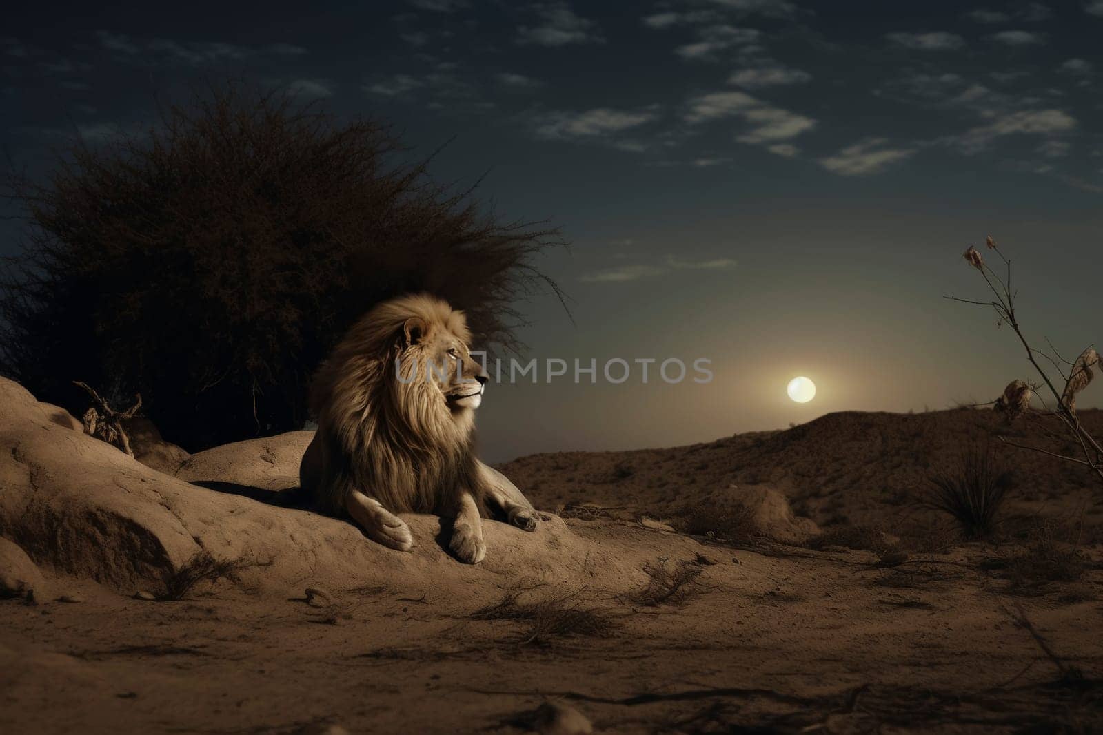 Male lion resting at twilight in the desert. Wildlife photography with sunset and moon. African safari and wild animal theme