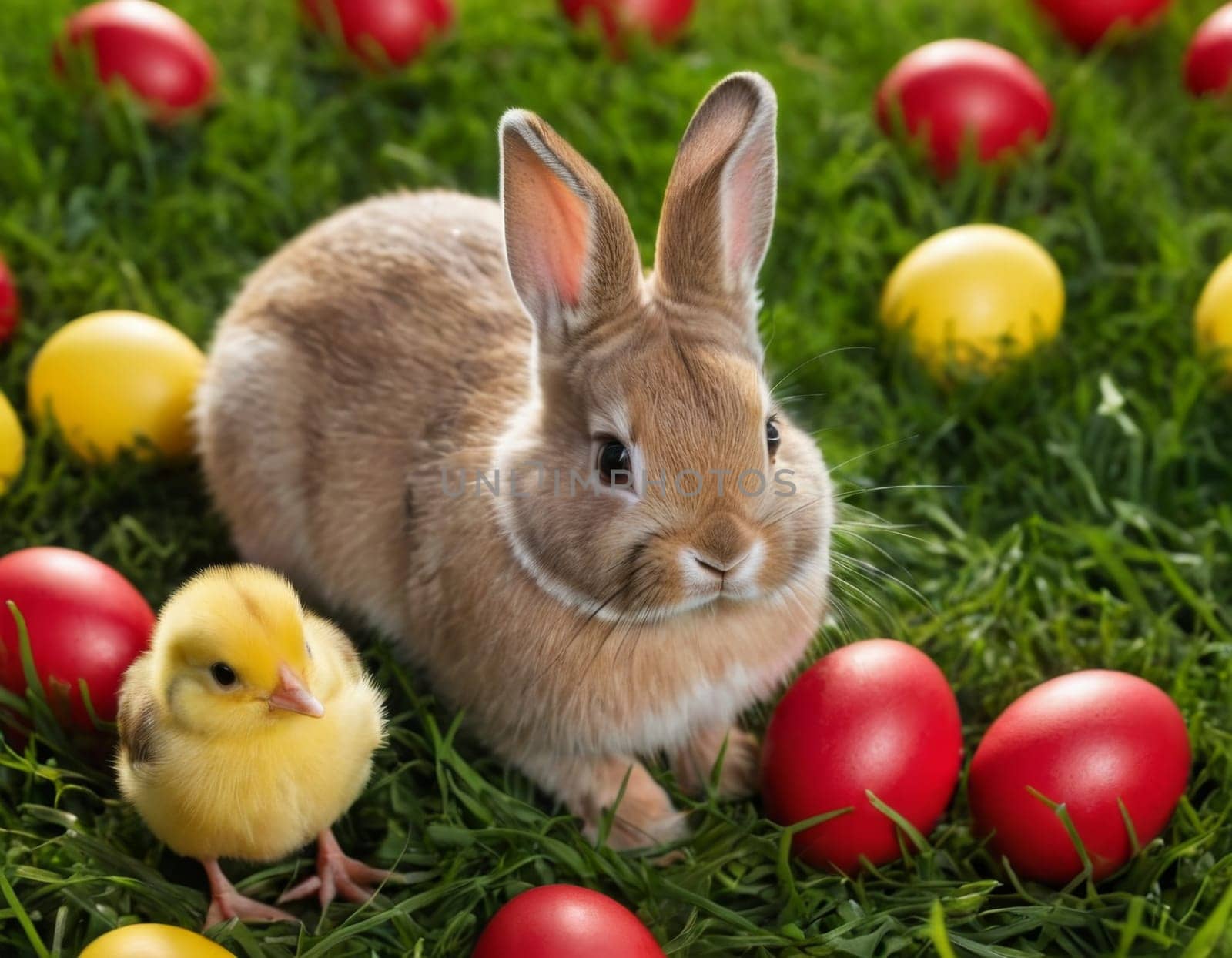 Easter little bunny and yellow chick on a green meadow. AI generation