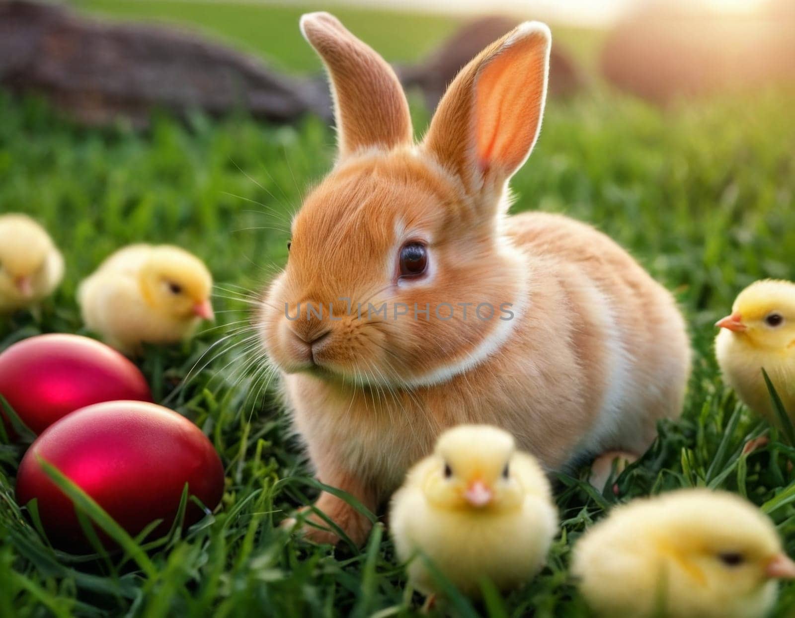 Easter little bunny and yellow chick on a green meadow. AI generation