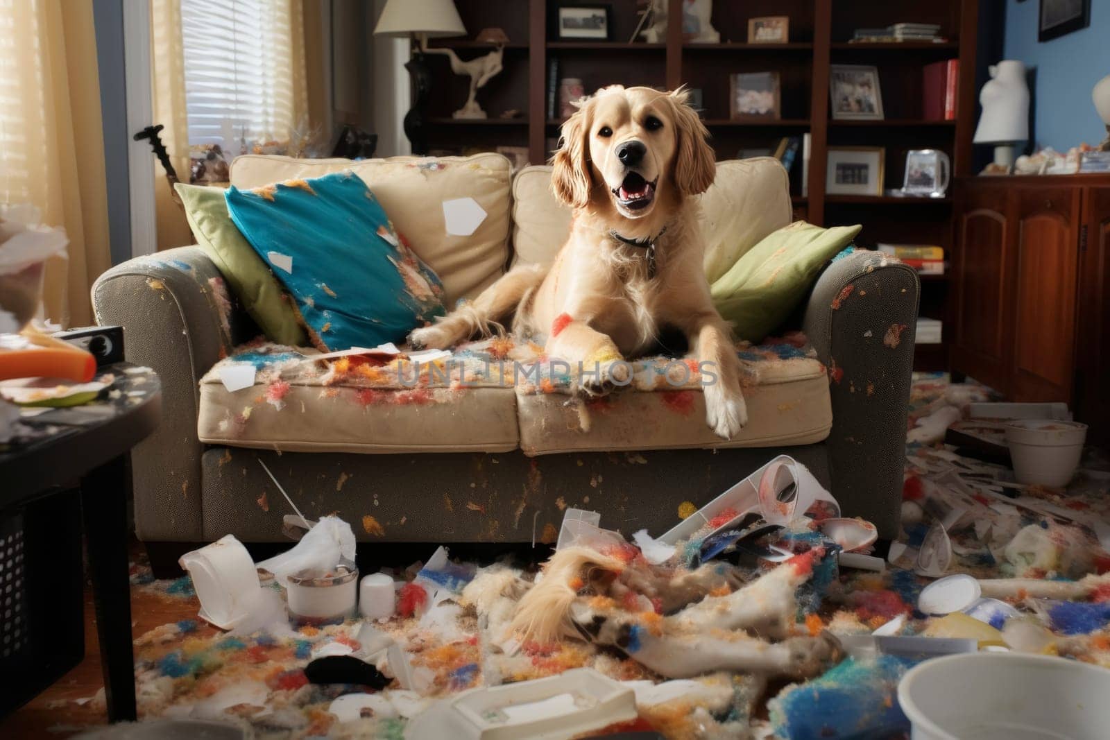 Joyful golden retriever lounging on a messy sofa surrounded by scattered household items