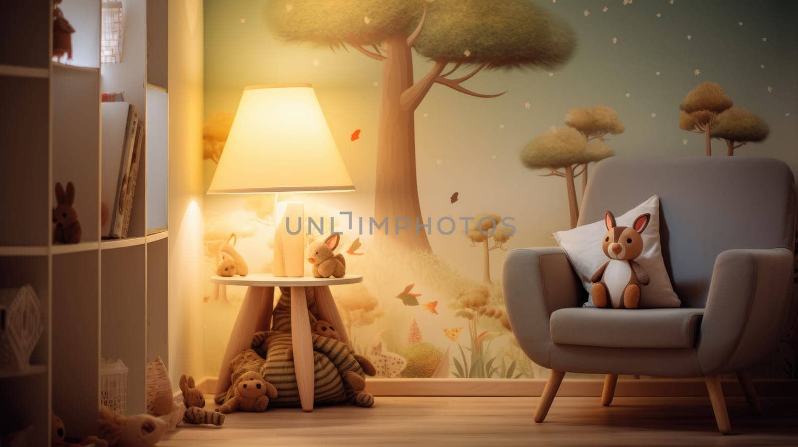 Cozy children's forest-themed room with a charming lamp by natali_brill