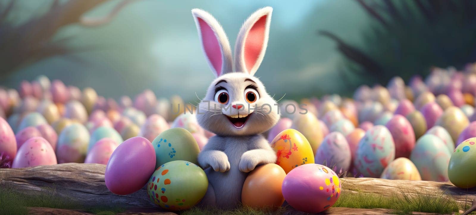 Joyful Cartoon Rabbit with Colorful Easter Eggs in a Spring Meadow.