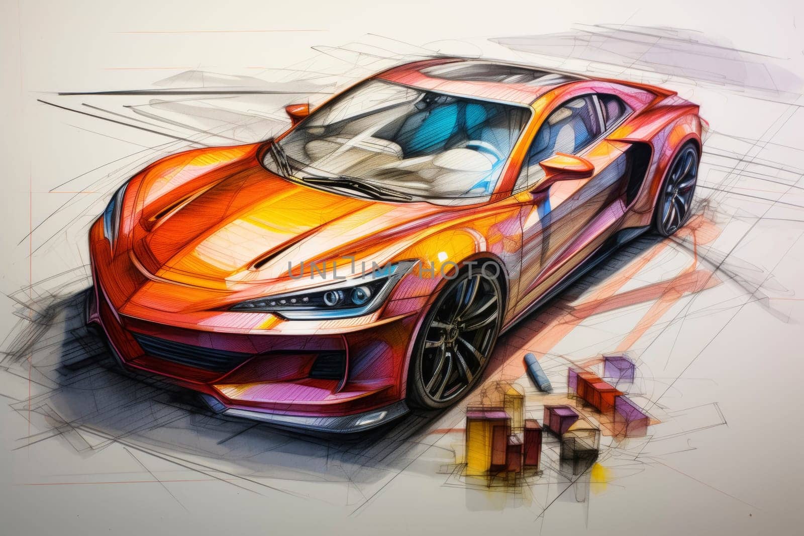 A vibrant sketch and color rendering of a modern sports car showcases its sleek design and dynamic contours. The juxtaposition of the detailed illustration against the abstract background emphasizes its speed and style