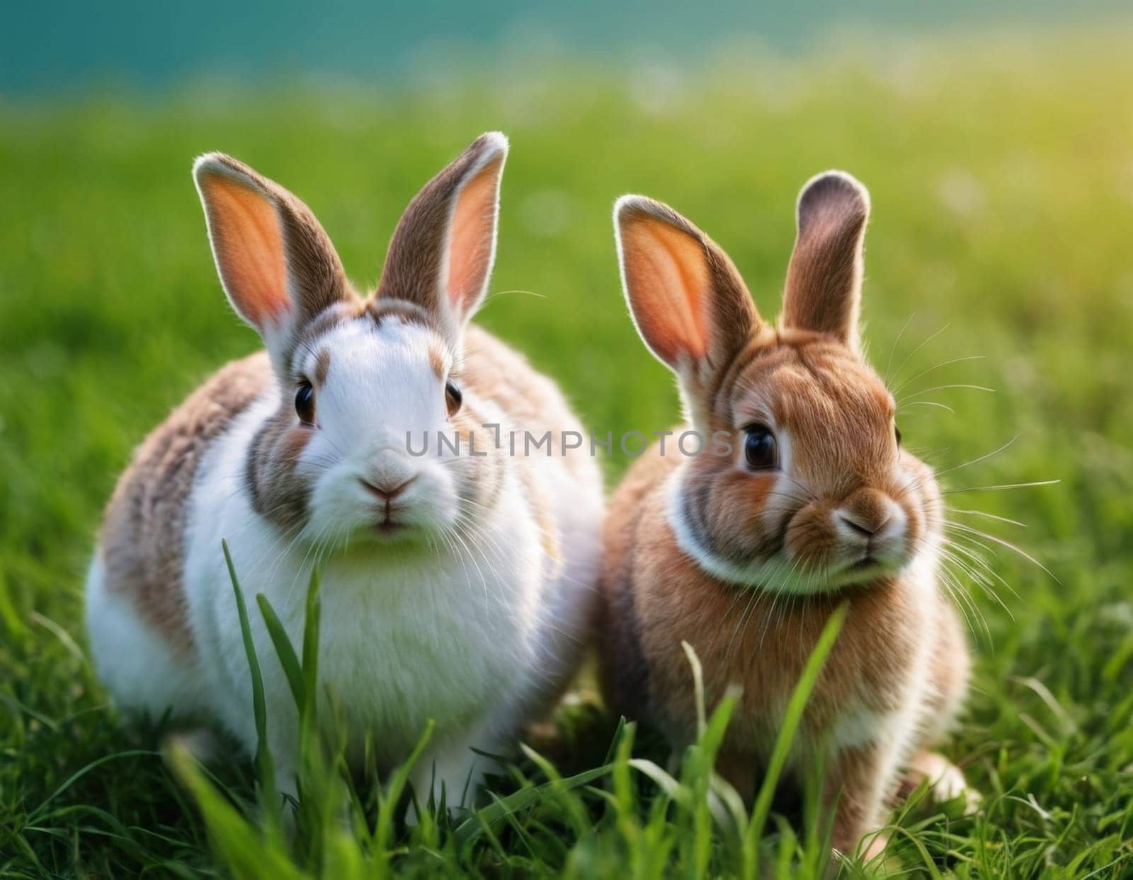 Little cute rabbits on the lawn. AI generation