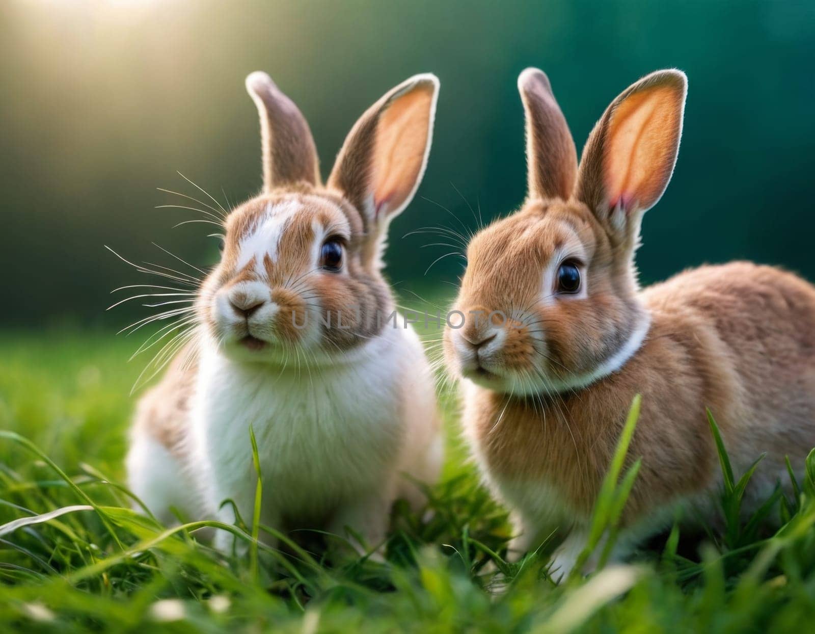 Little cute rabbits on the lawn. AI generation